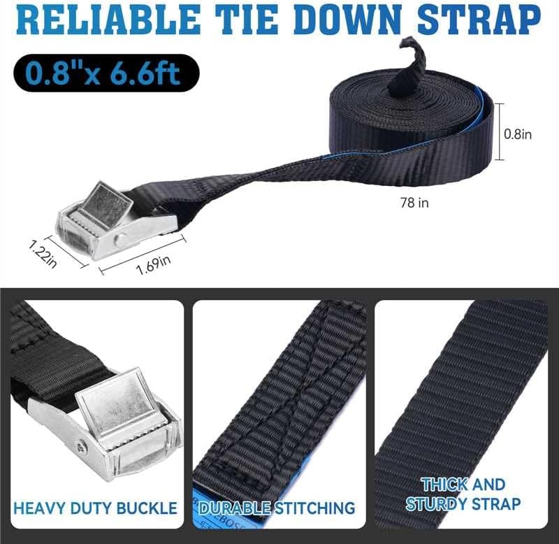 BRUTEBOSE Tie Down Straps 4-Pack Black, 0.8" x 6.6Ft (2x200cm) Maximum Strength Lashing Straps with Buckle, for Truck, Motorcycle, Off-Road, Trailer, Heavy Load Securing, PP Material - Image 2